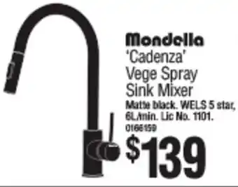 Bunnings 'Cadenza' Vege Spray Sink Mixer Matte Black. Wels 5 Star 6L/Min. Lic No. 1101 0166159 offer