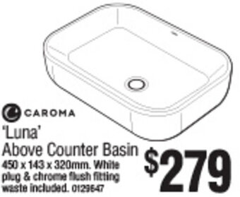 'Luna' Above Counter Basin 450 x 143 x 320mm