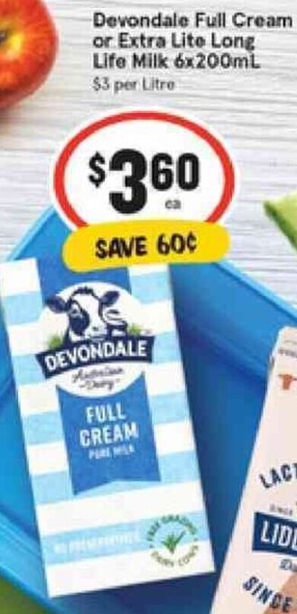 IGA Devondale Full Cream or Extra Lite Long Life Milk 6x200ml offer