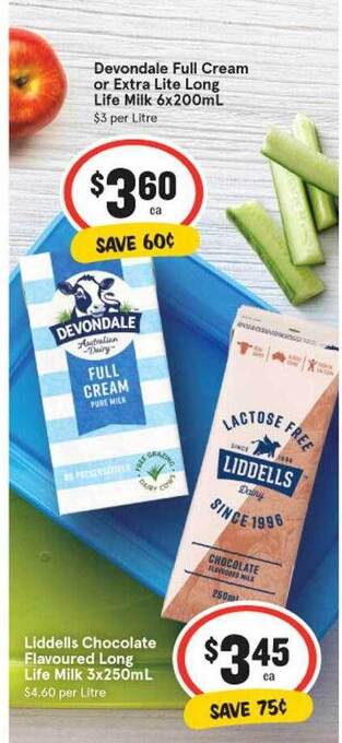 IGA Liddells Chocolate Flavoured Long Life Milk 3x250mL offer