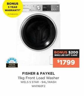Bing Lee Fisher & Paykel 11kg Front Load Washer offer