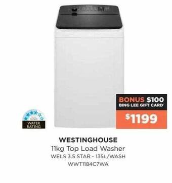 Bing Lee Westinghouse 11kg Top Load Washer offer