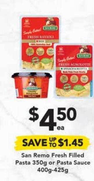 Drakes San Remo Fresh Filled Pasta 350g Or Pasta Sauce 400g-425g offer