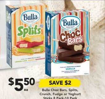 Drakes Bulla Choc Bars, Splits, Crunch, Fudge Or Yoghurt Sticks 8 Pack-10 Pack offer