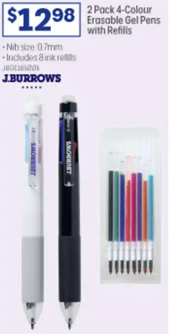 Officeworks 2 Pack 4-Colour Erasable Gel Pens With Refills offer