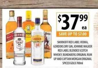 Supabarn Smirnoff Red Label Vodka, Gordons Dry Gin, Johnnie Walker Red Label Blended Scotch Whisky, Bundaberg Original Rum Up And Capt offer