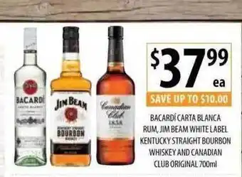 Bacardi Carta Blanca Rum, Jim Beam With White Label Kentucky Straight Bourbon Whiskey And Canadian Club Original 700ml