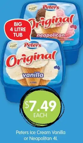 Spudshed Peters Ice Cream Vanilla or Neopalitan 4L offer