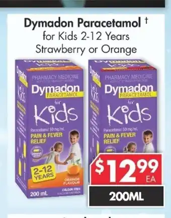 Dymadon Paracetamol for Kids 2-12 Years Strawberry or Orange 200mL