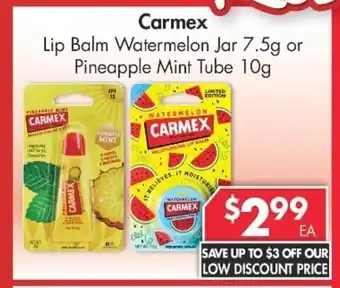 Pharmacy4Less Carmex Lip Balm Watermelon Jar 7.5g or Pineapple Mint Tube 10g offer