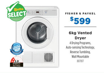 Betta FISHER & PAYKEL 6kg vented dryer offer