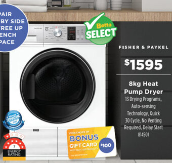 Betta FISHER & PAYKEL 8kg heat pump dryer offer