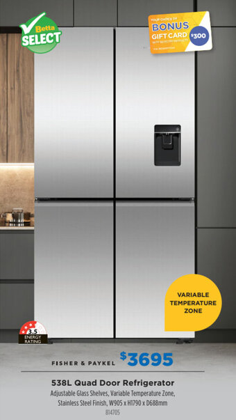 Betta FISHER & PAYKEL 538L quad door refrigerator offer