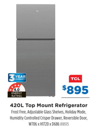 Betta TCL 420L top mount refrigerator offer