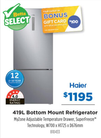 Betta HAIER 419L bottom mount refrigerator offer