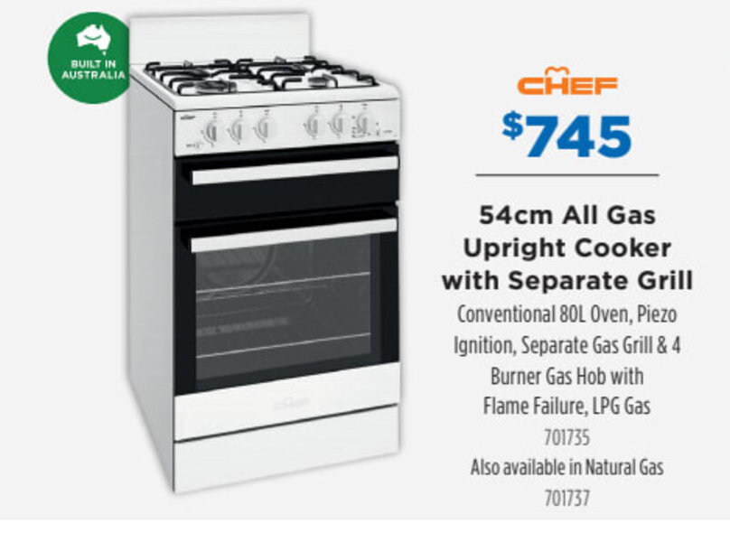 CHEF 54cm all gas upright cooker with separate grill offer at Betta