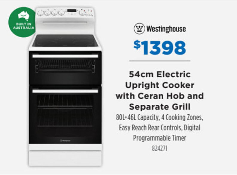WESTINGHOUSE 54cm electric upright cooker with ceran hob and separate grill offer at Betta