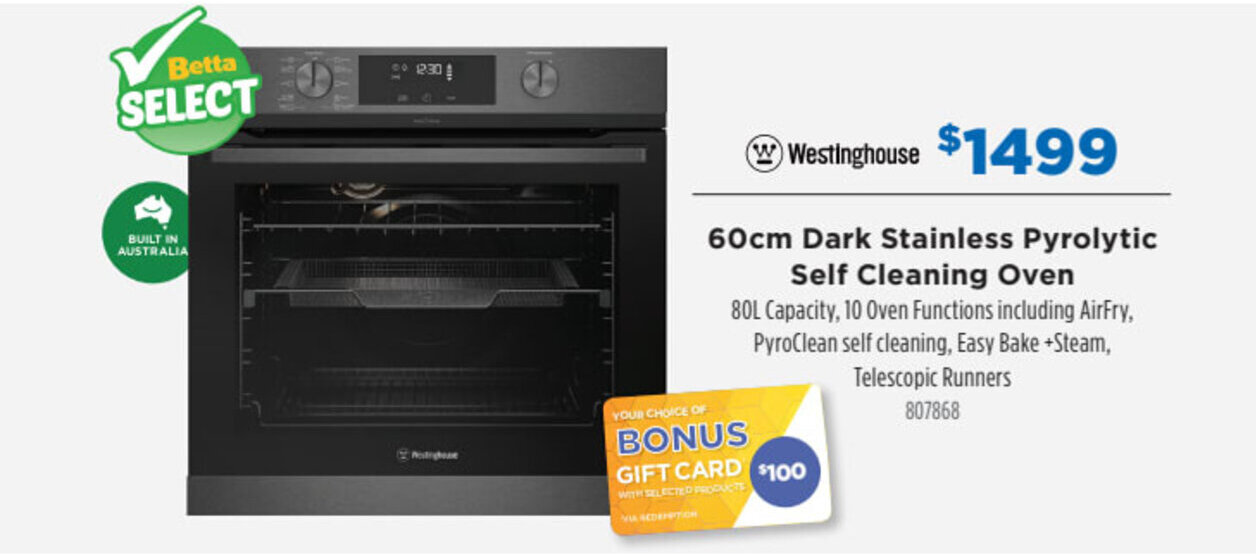 WESTINGHOUSE 60cm dark stainless pyrolytic self cleaning oven offer at