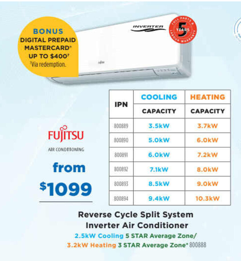 FUJITSU reverse cycle split system inverter air conditioner offer at Betta