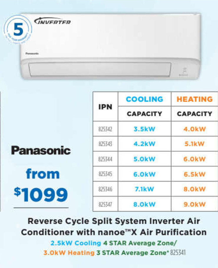PANASONIC reverse cycle split system inverter air conditioner with