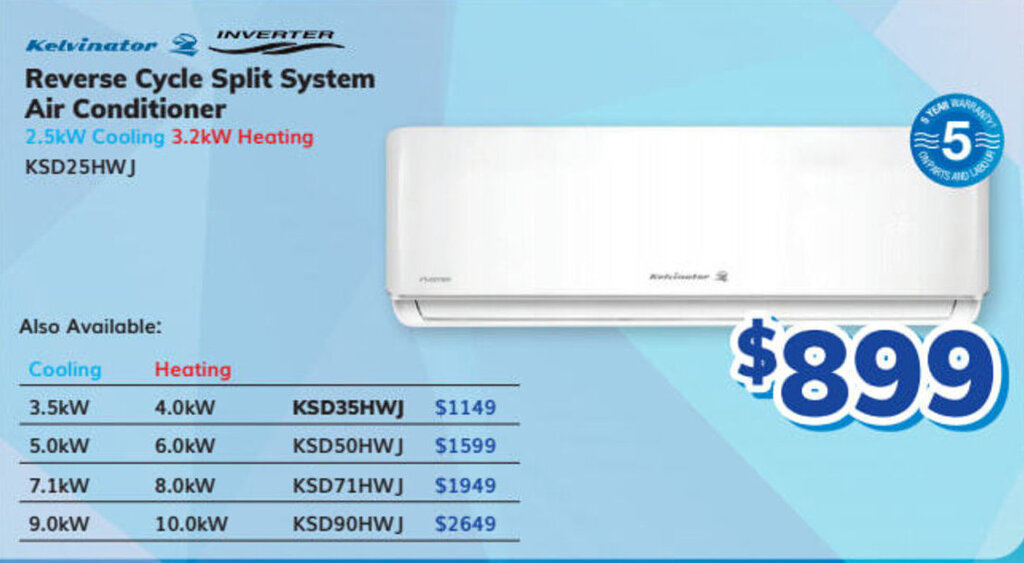 KELVINATOR INVERTER reverse cycle split system air conditioner offer at