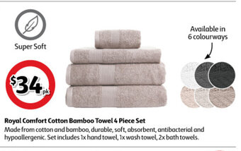 Coles Royal Comfort Cotton Bamboo Towel 4 Piece Set offer