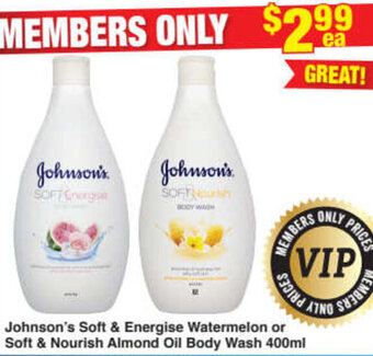 My Chemist Johnson's Soft & Energise Watermelon or Soft & Nourish Almond Oil Body Wash 400ml offer