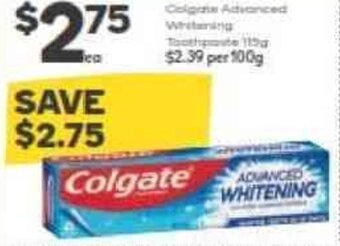 Woolworths COLGATE advanced whitening toothpaste 115g offer