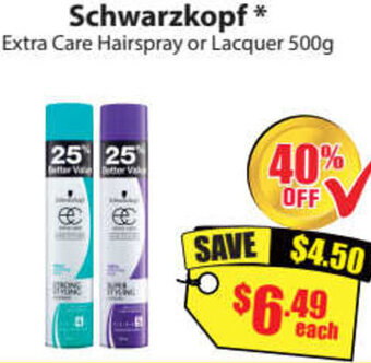 Chemist Discount Centre Schwarzkopf Extra Care Hairspray or Lacquer 500g offer