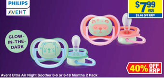My Chemist Avent Ultra Air Night Soother 0-6 or 6-18 Months 2 Pack offer