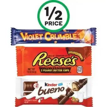 Woolworths Kinder Bueno, Violet Crumble or Reese’s Bars 39-50g offer