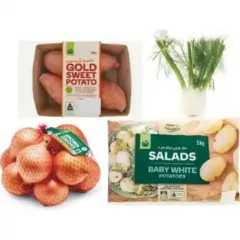 Woolworths Australian Brown Onions 1 kg Pack, Australian Washed White Baby Potatoes 1 kg Pack, Australian Mini Gold Sweet Potato 300g Pa offer