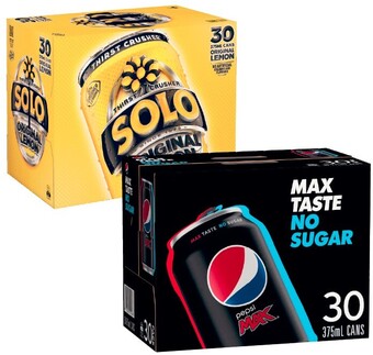 Coles Pepsi Max or Solo Soft Drink 30x375mL offer