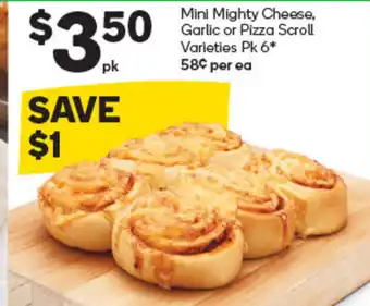 Woolworths Mini Mighty Cheese Garlic or Pizza Scroll offer