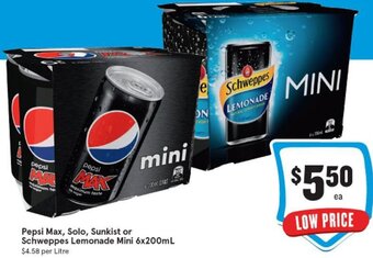 IGA Pepsi Max, Solo, Sunkist or Schweppes Lemonade Mini 6x200ml offer