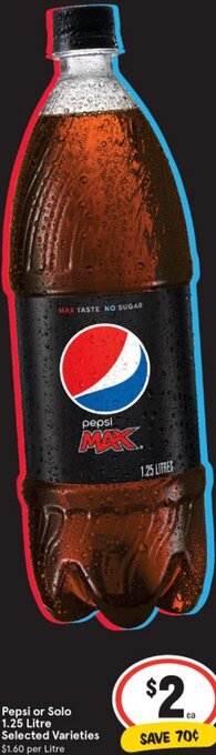 IGA Pepsi or Solo 1.25 Litre Selected Varieties offer