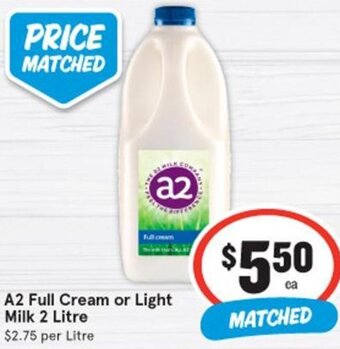 IGA A2 Full Cream Or Light Milk 2 Litre offer