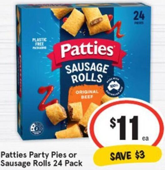 Patties Party Pies or Sausage Rolls 24 Pack offer at IGA