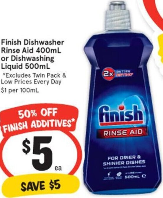 Finish Dishwasher Rinse Aid 400ml or Dishwashing Liquid 500ml offer at IGA