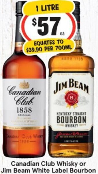 IGA Canadian Club Whisky or Jim Beam White Label Bourbon 1 Litre/700ml offer