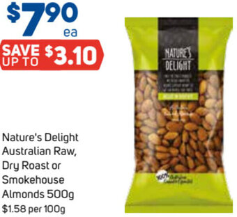 Foodland Nature's Delight Australian Raw, Dry Roast or Smokehouse Almonds 500g offer