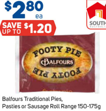 Foodland Balfours Traditional Pies, Pasties or Sausage Roll Range 150-175g offer