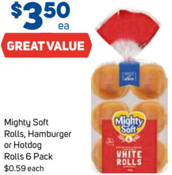 Foodland Mighty Soft Rolls, Hamburger or Hotdog Rolls 6 Pack offer