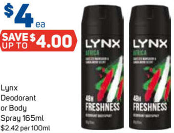 Foodland Lynx Deodorant or Body Spray 165ml offer