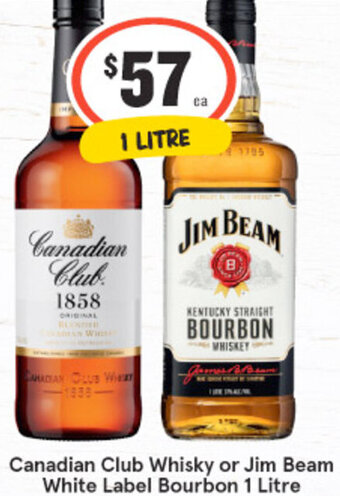 IGA Liquor Canadian Club Whisky or Jim Beam white Label Bourbon 1 Litre offer