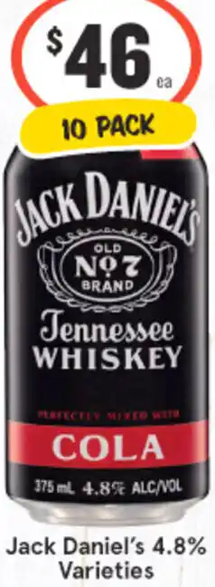 IGA Liquor Jack Daniel's 4.8% Varieties 10 Pack offer