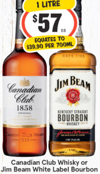 IGA Liquor Canadian Club Whisky or Jim Beam white Label Bourbon 1 Litre offer
