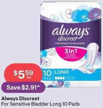 Discount Drug Stores Always Discreet For Sensitive Bladder Long 10 Pads offer
