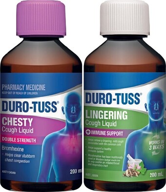 Duro-Tuss Chesty Double Strength or Lingering + Immune Support Cough Liquid 200mL