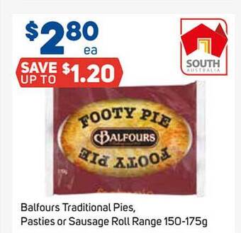 Foodland Balfours Traditional Pies, Pasties Or Sausage Roll Range 150-175g offer